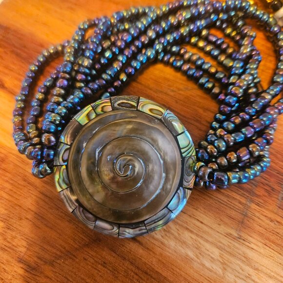 two stretch beaded bracelets one abalone and the other mosaic great pieces never - Picture 5 of 5